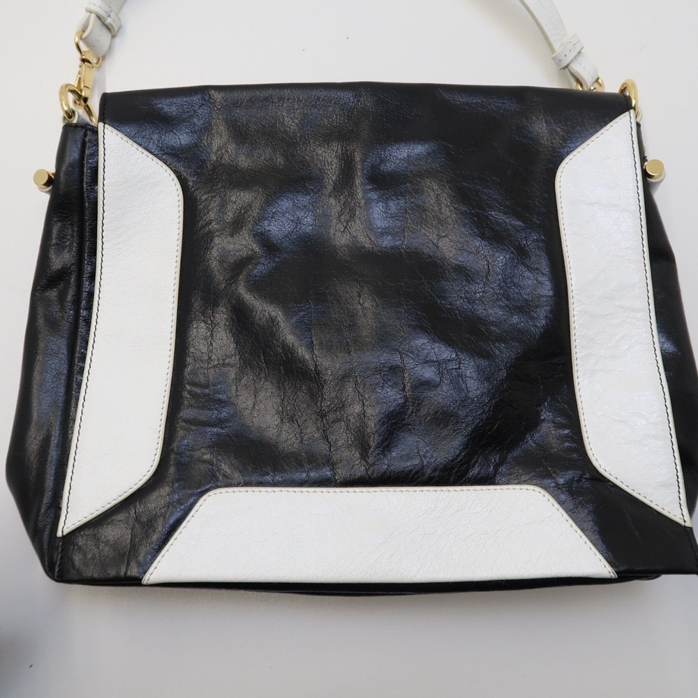 Badgley Mischka Black White Large Leather Shoulder Handbag Purse Gold accents